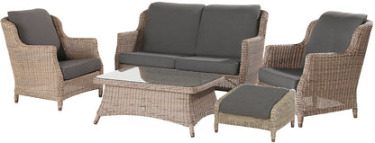 4 Seasons Outdoor Brighton Lounge Set with Footstool in Pure Weave material features a sofa, 2 lounge chairs and footstool all with matching cushions, plus a glass top coffee table