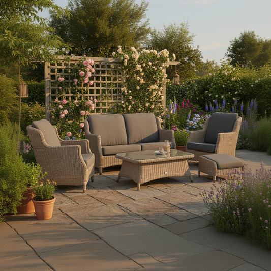 The 4 Seasons Outdoor Brighton Lounge Set features a sofa, 2 lounge chairs and footstool in Pure Weave material, plus a matching glass top coffee table