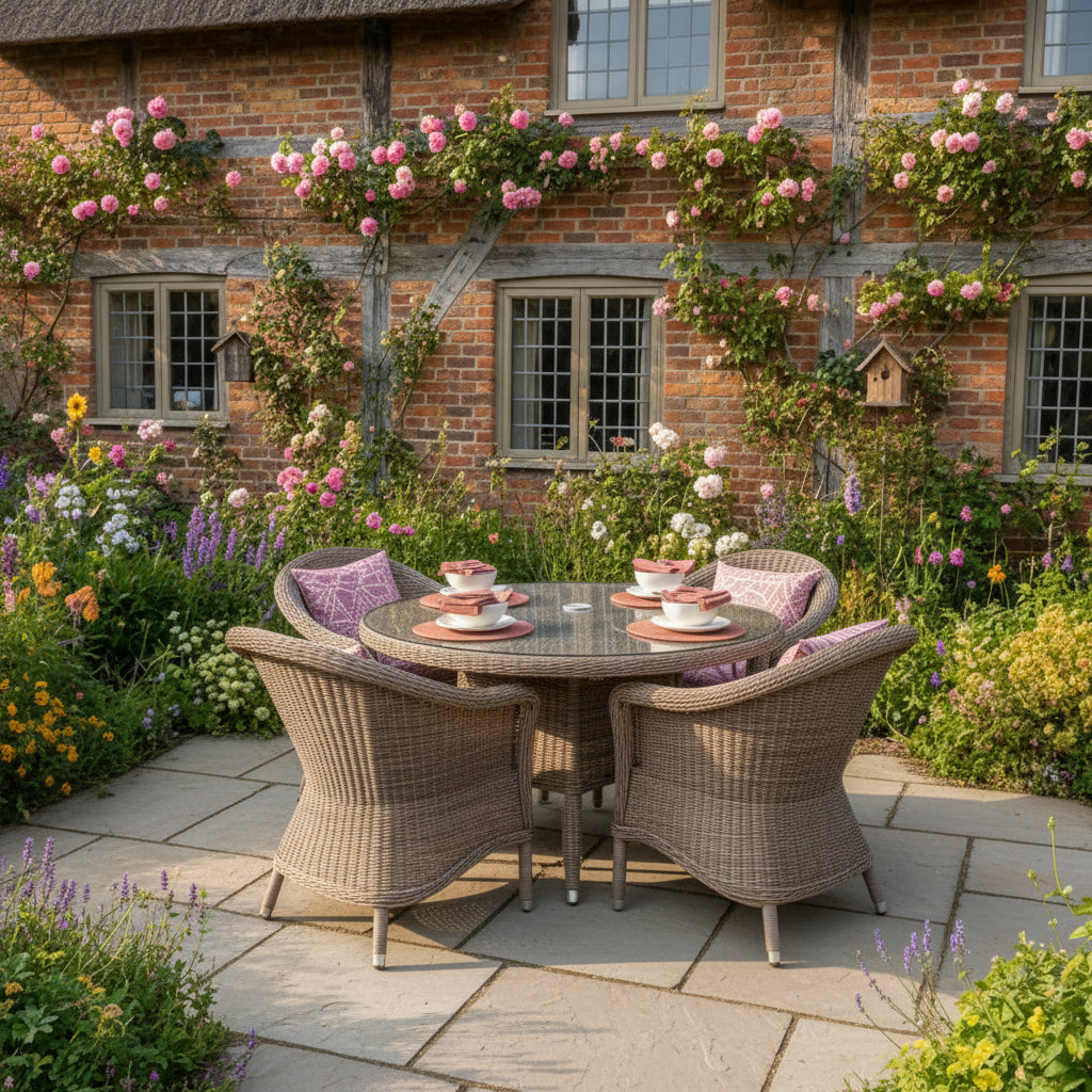 4 Seasons Outdoor Chester 4 Seat Dining Set in Pure Weave features a glass top dining table and 4 armchairs with cushions