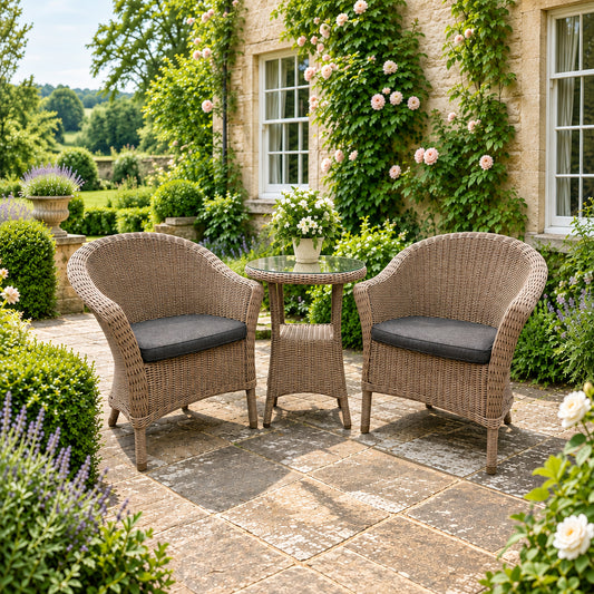 4 Seasons Outdoor Chester Penida Bistro Set in Pure Weave material has a glass top bistro table with lower shelf and 2 armchairs with seat pads