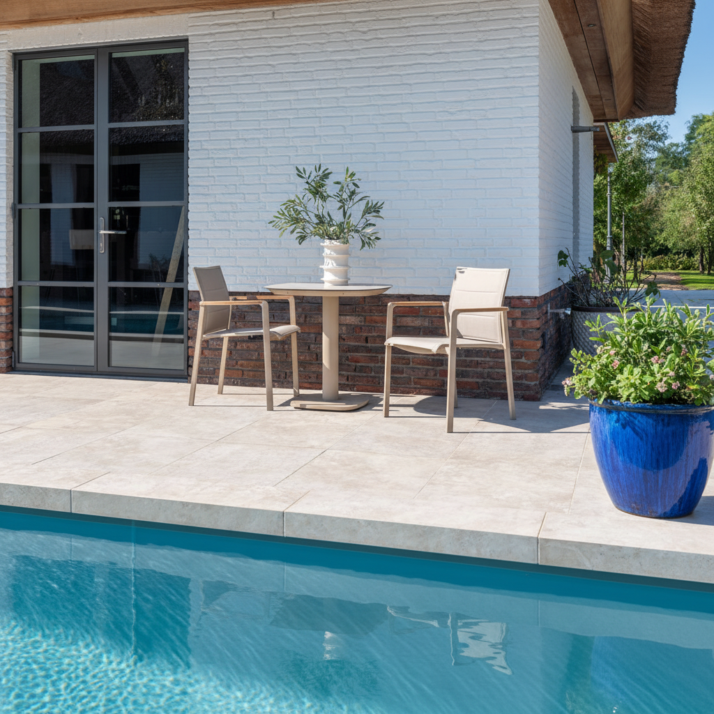 The 4 Seasons Cortina 3 Piece Outdoor Bistro Set in a soft beige colour with teak armrests