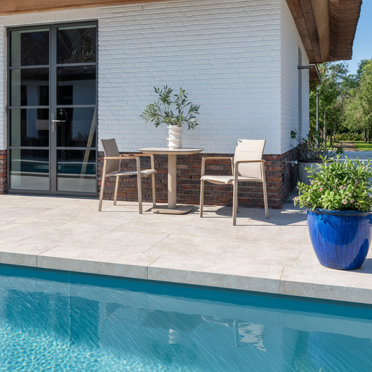 The 4 Seasons Cortina 3 Piece Outdoor Bistro Set in a soft beige colour with teak armrests