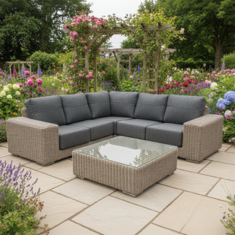 4 Seasons Outdoor Kingston Corner Set in Pure Weave comes in 3 modular sections plus a coffee table with glass table top. All weather synthetic wicker and deep filled cushions for luxurious comfort