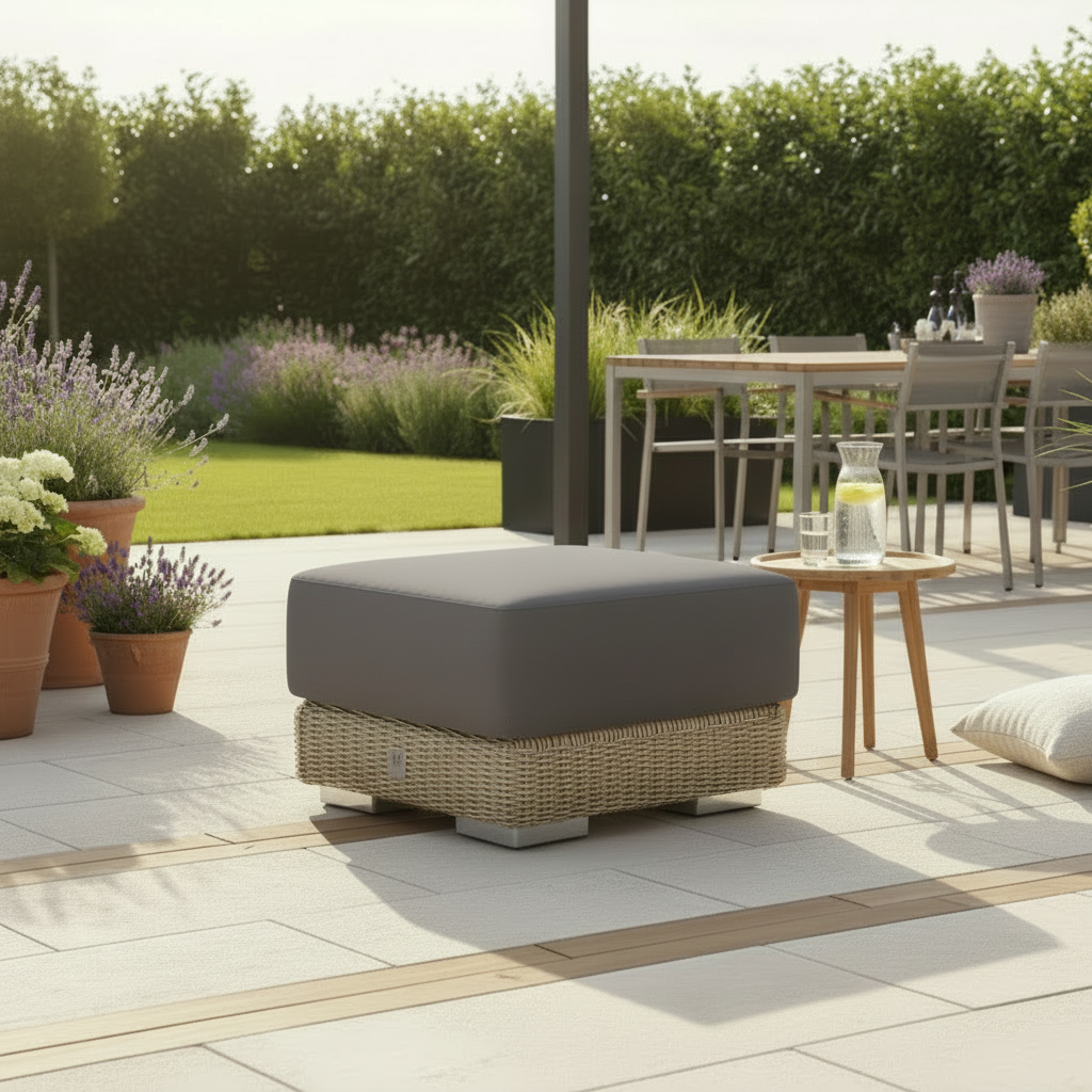 4 Seasons Outdoor Kingston Footstool with Grey padded Cushion features a square Pure Weave wicker base 