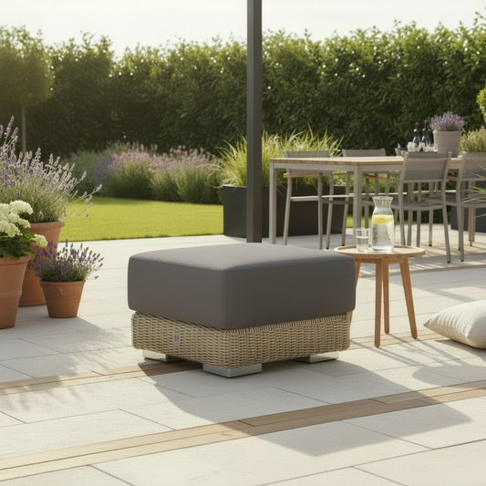 4 Seasons Outdoor Kingston Footstool with Grey padded Cushion features a square Pure Weave wicker base 