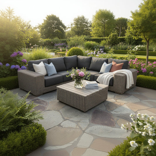 4 Seasons Outdoor Kingston Teak modular Corner Set in Pure Weave features a stunning teak coffee table and a corner sofa with grey plush cushions