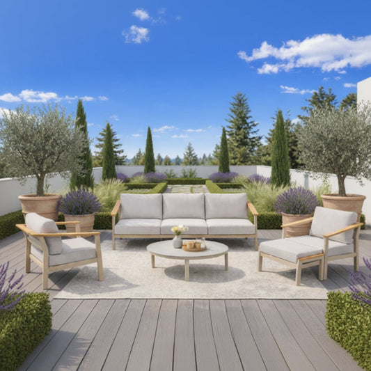 The 4 Seasons Outdoor Olivia Lounge Set with Footstool features a 3 seater sofa, 2 armchairs and a matching footstool all with comfortable padded cushions, plus a round coffee table