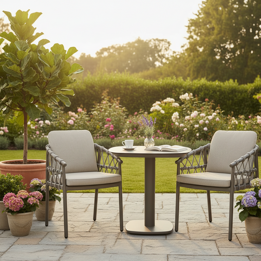 4 Seasons Outdoor Piacenza 3 Piece Bistro Set features clean-lined aesthetics with its 75 m ceramic table and 2 Piacenza dining chairs with natural coloured seat and back rest cushions