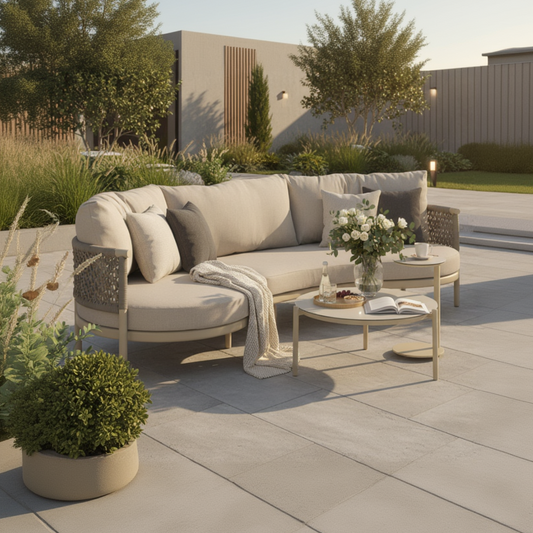 4 Seasons Outdoor Puglia Chaise Relax Set features a 2 seater lefthand unit and a righthand chaise, with a matching coffee table. 