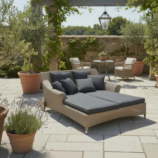 4 Seasons Outdoor Valentine Double Sunbed in premium Pure Weave construction paired with plush cushions and padded support