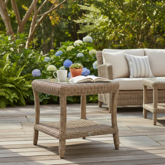 4 Seasons Outdoor Buckingham 60cm Square Side Table with Glass Top in Pure Weave