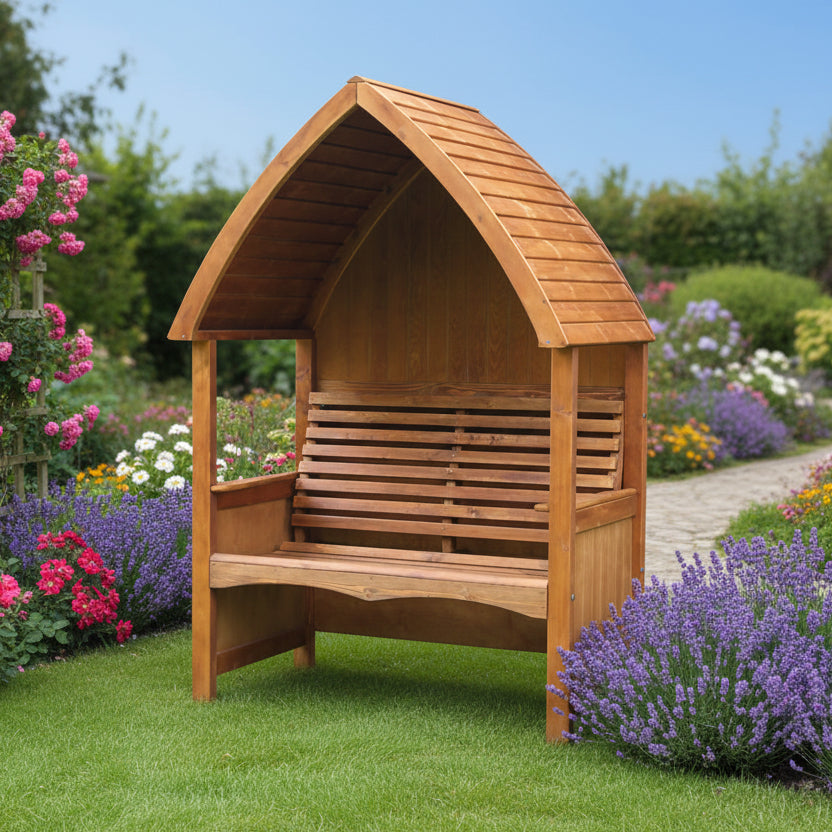 AFK Garden Products Cottage Arbour Beech Stain features an enclosed back, curved roofline and slatted bench