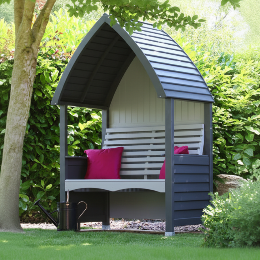 AFK Garden Products Cottage Arbour in Charcoal and Stone colours, with FSC approved timber and an ergonomically designed seat and backrest