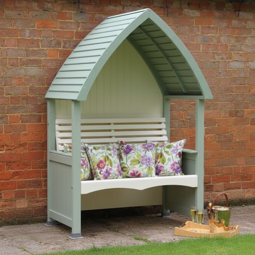 AFK Garden Products Cottage Arbour in Heritage Sage and Cream colours with ergonomically designed seat and backrest and can seat 2 people