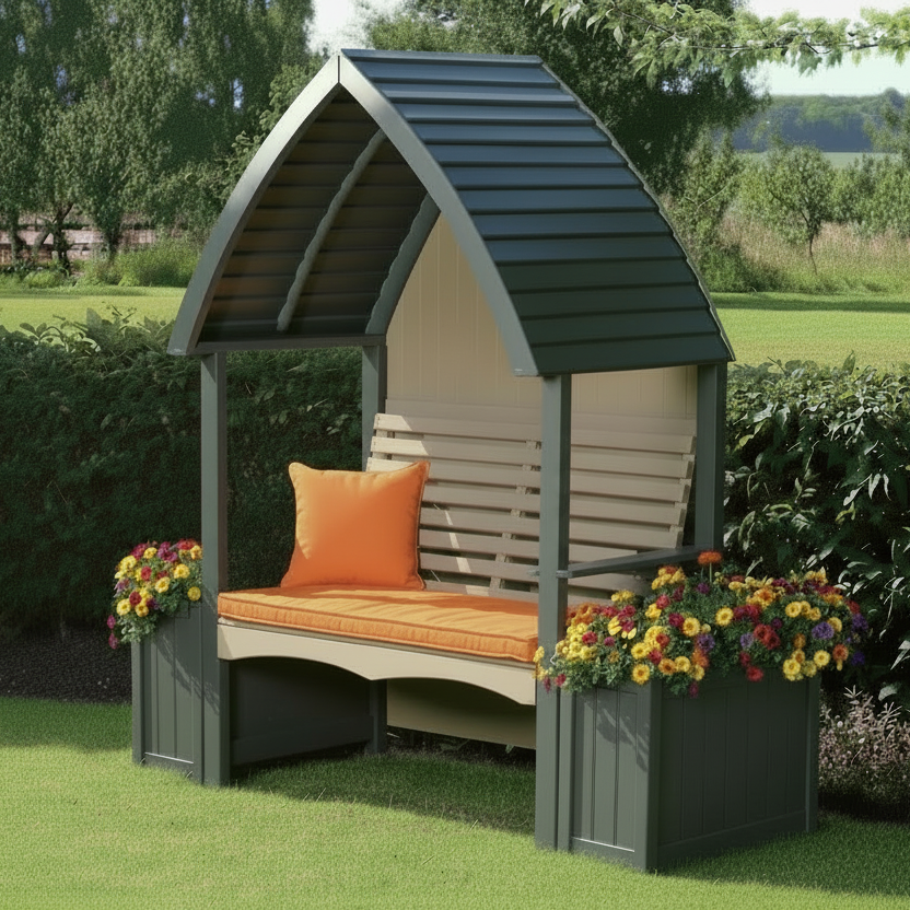 AFK Garden Products Cottage Arbour and matching Planter Set in Charcoal and Nutmeg features FSC timber, can seat up to 2 people