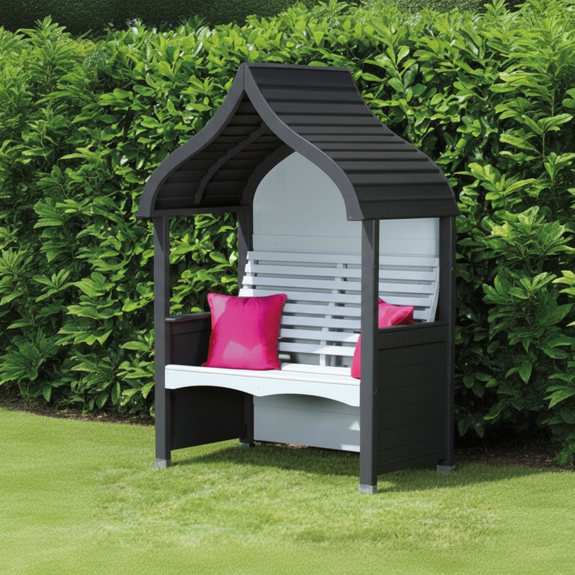 AFK Garden Products Orchard Arbour in Charcoal and Stone colours, made with FSC approved timber with ergonomically designed seat and backrest for up to 2 people