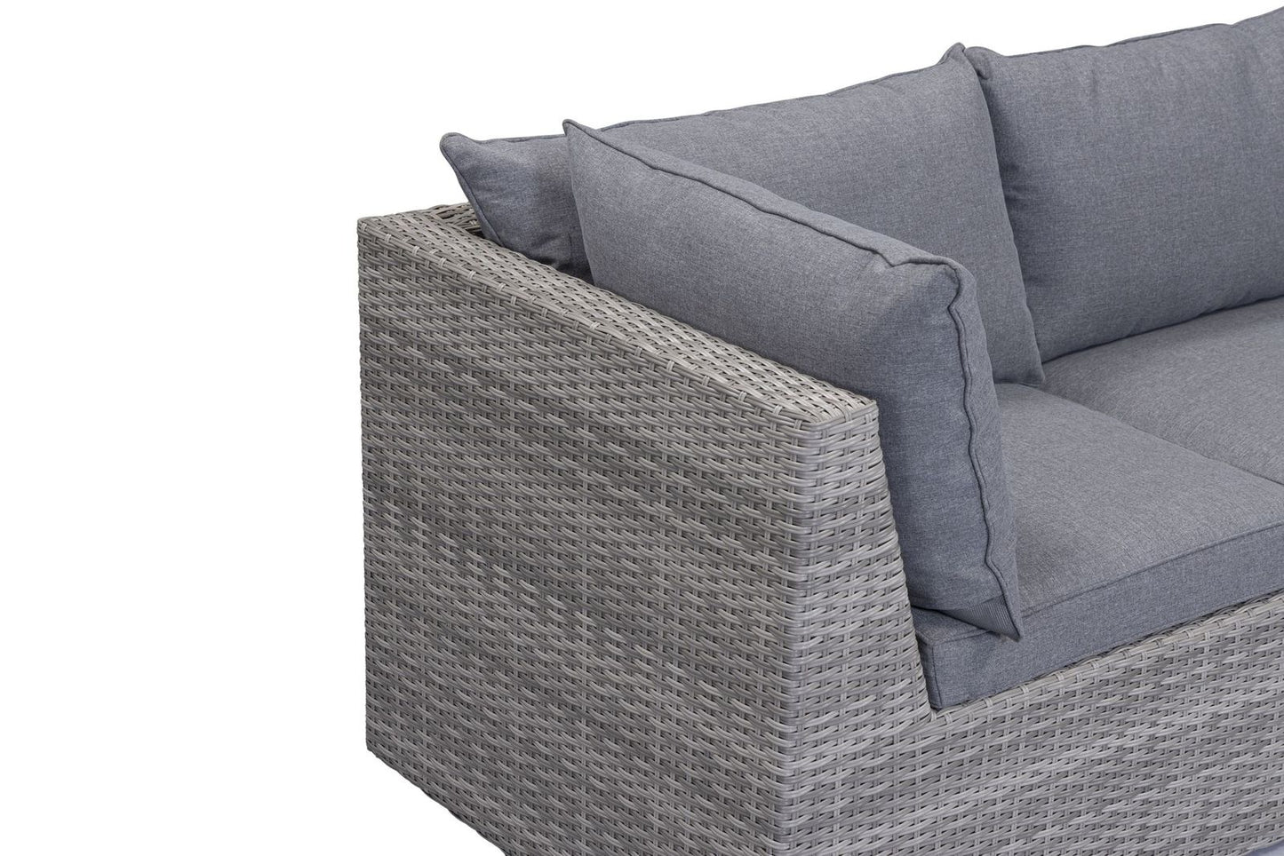 The Aruba Outdoor Corner Set features a 3 piece corner sofa constructed from a grey tone rattan effect frame with plush grey seat and back cushions