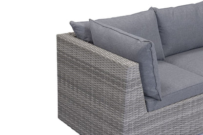 The Aruba Outdoor Corner Set features a 3 piece corner sofa constructed from a grey tone rattan effect frame with plush grey seat and back cushions