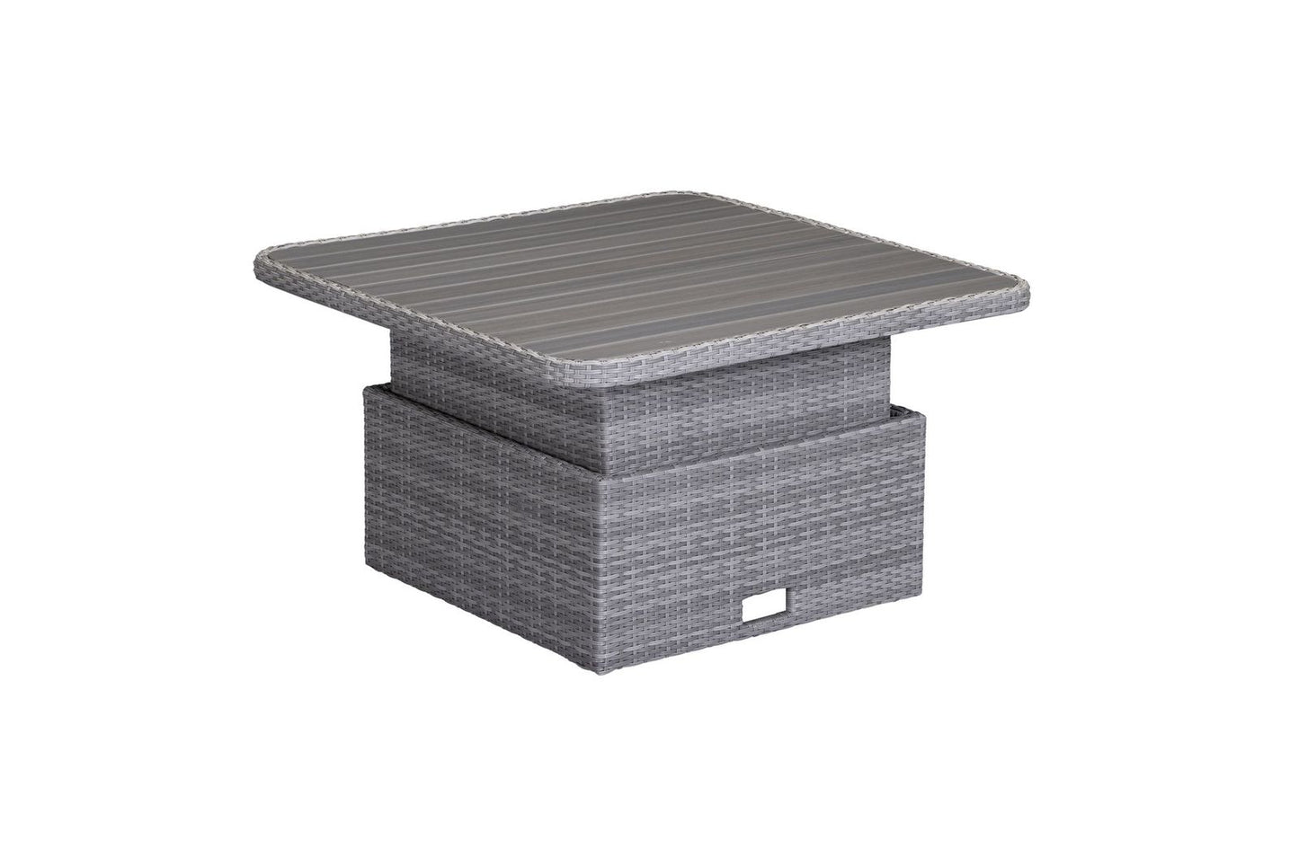 The Aruba Corner Sofa Set in Grey Weave rattan effect features an adjustable square table that can be used as a dining table or lowered for use as a coffee table