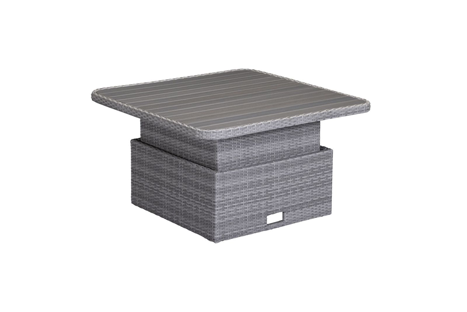 The Aruba Corner Sofa Set in Grey Weave rattan effect features an adjustable square table that can be used as a dining table or lowered for use as a coffee table