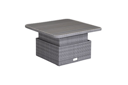 The Aruba Corner Sofa Set in Grey Weave rattan effect features an adjustable square table that can be used as a dining table or lowered for use as a coffee table