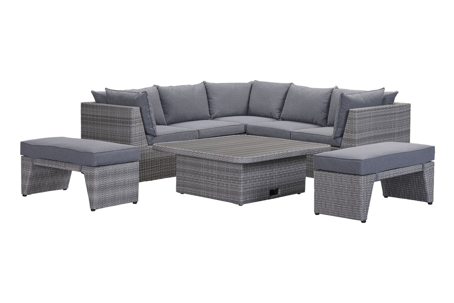 Aruba Corner Sofa Set with grey weave rattan effect frames, plush grey cushions and an adjustable table that can be used as a coffee table or raised for use as a dining table
