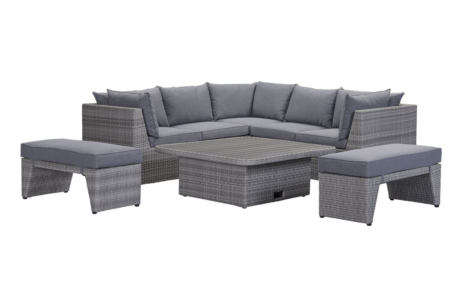 Aruba Corner Sofa Set with grey weave rattan effect frames, plush grey cushions and an adjustable table that can be used as a coffee table or raised for use as a dining table