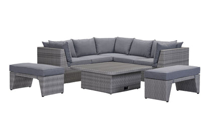 Aruba Corner Sofa Set with grey weave rattan effect frames, plush grey cushions and an adjustable table that can be used as a coffee table or raised for use as a dining table