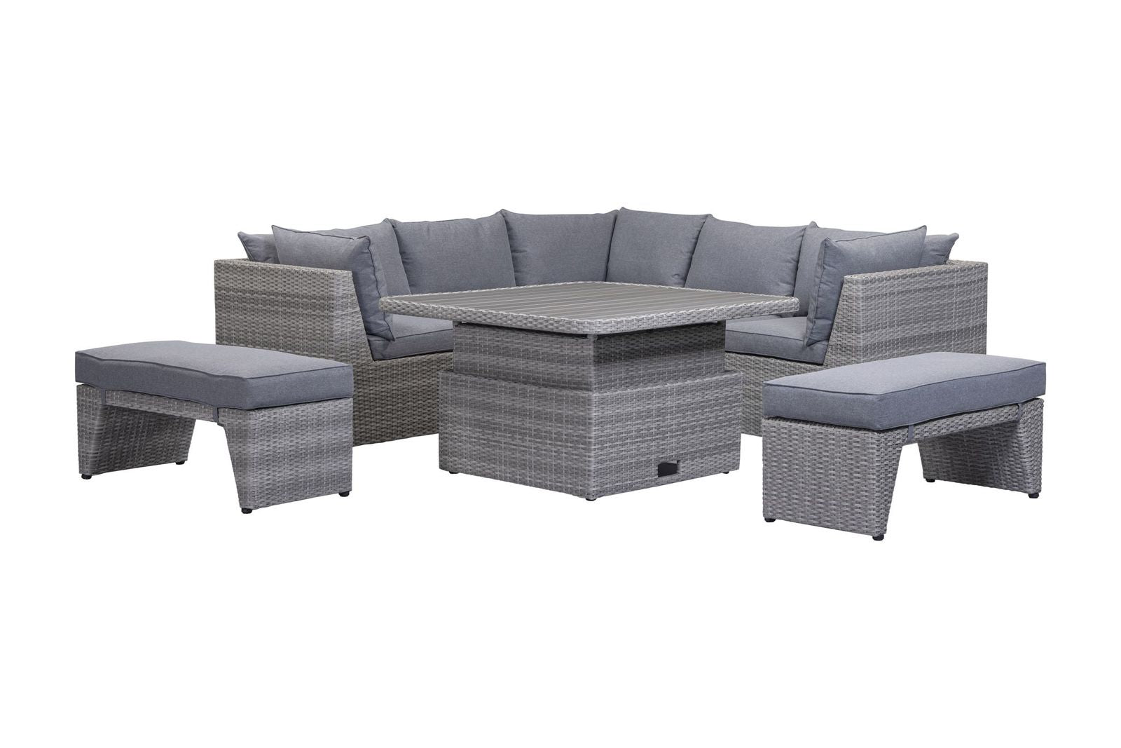 Aruba Corner Sofa Set in a Grey Weave rattan effect with plush grey cushions and a rising table which can be used as a dining table or lowered for use as a coffee table