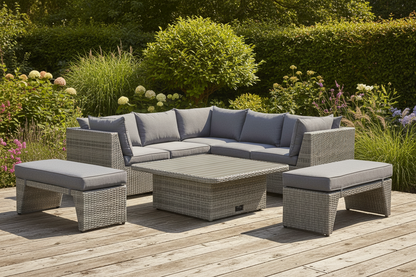 Aruba Corner Set in a Grey Weave rattan effect features a 3 piece corner sofa set with cushions, 2 benches with cushions and a height adjustable square glass top table