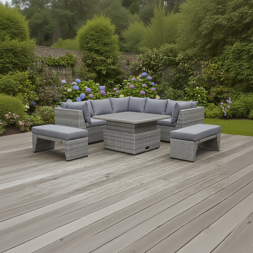 Aruba Corner Set features a 3 piece corner sofa set with grey padded cushions, 2 benches with cushions and a height adjustable square table