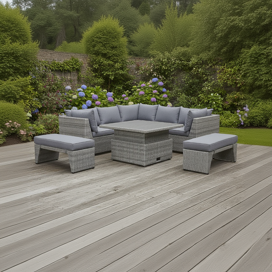 Aruba Corner Set features a 3 piece corner sofa set with grey padded cushions, 2 benches with cushions and a height adjustable square table