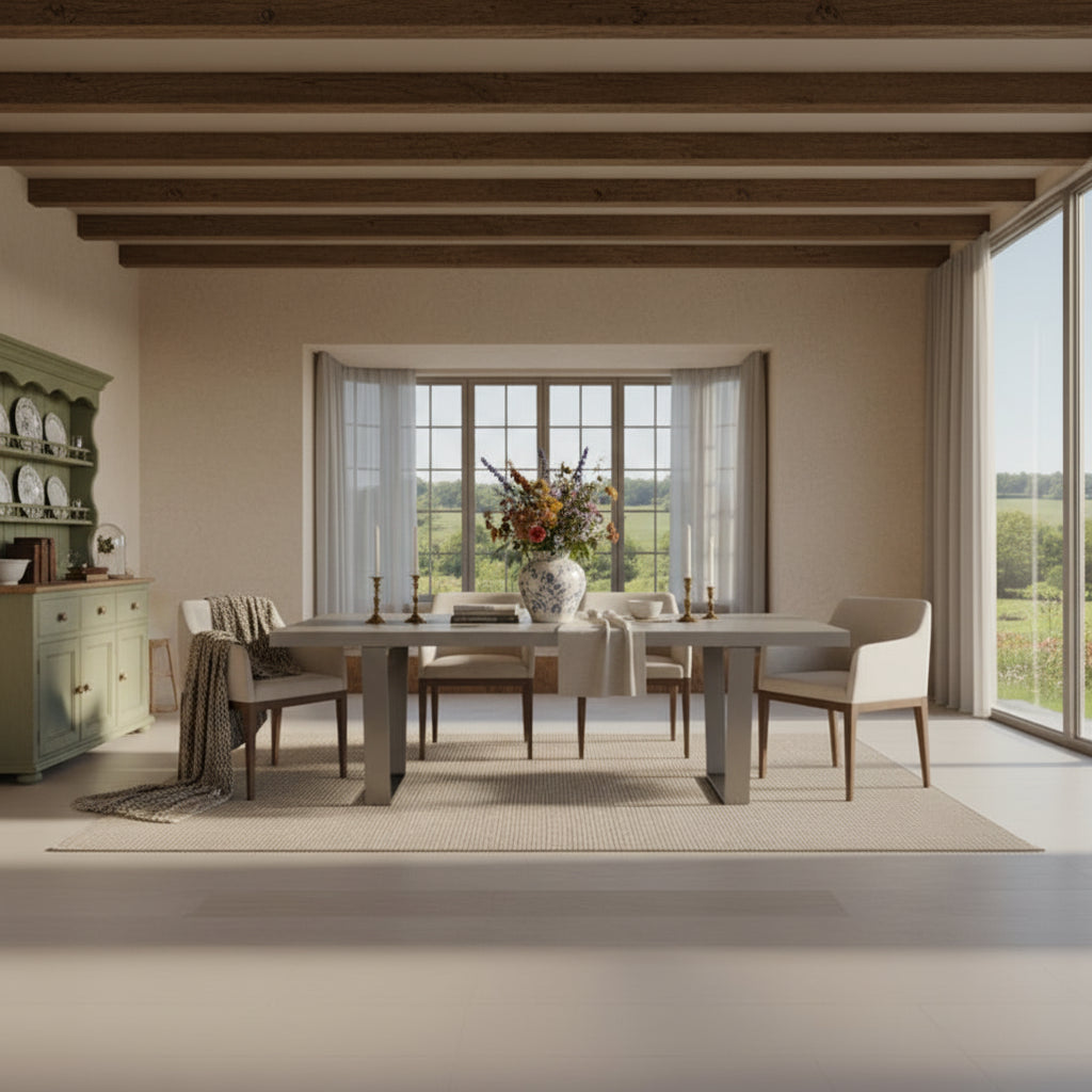Baker 200cm Dining Table features a concrete effect table top and brushed stainless steel framework, designed to seat 8 diners comfortably.