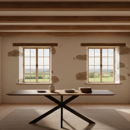 Baker Camden 240cm Dining Table features a chevron design table top and black metal cross leg base