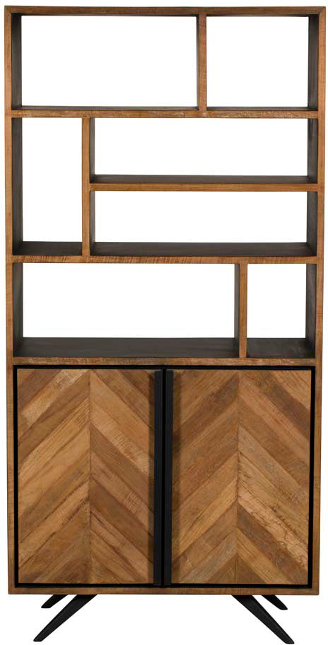 Baker Camden Bookcase features 7 open shelf compartments and a 2 door lower cupboard with inlaid chevron design in oak wood with black detail 