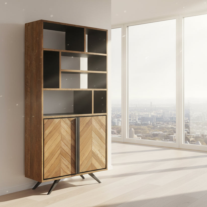 Baker Camden 7 shelf Bookcase is crafted from oak wood with black detailing and a chevron pattern to the front cupboard doors