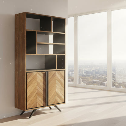 Baker Camden 7 shelf Bookcase is crafted from oak wood with black detailing and a chevron pattern to the front cupboard doors