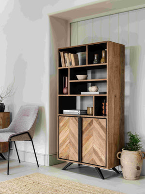 Baker Camden Bookcase with 7 shelf compartments and a 2 door lower cupboard, and black metal angled legs