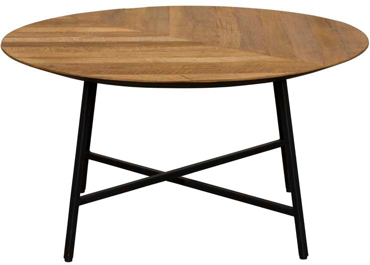 Baker Camden Coffee Table features an oak wood table top with chevron pattern, and black metal cross leg base