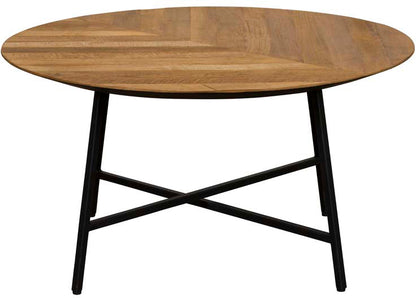 Baker Camden Coffee Table features an oak wood table top with chevron pattern, and black metal cross leg base