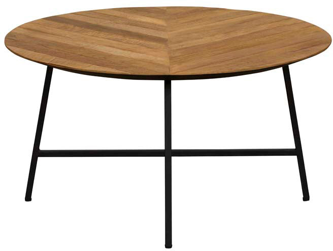 Baker Camden Round Coffee Table with black metal x-leg base and an oak wood table top with inlaid chevron pattern