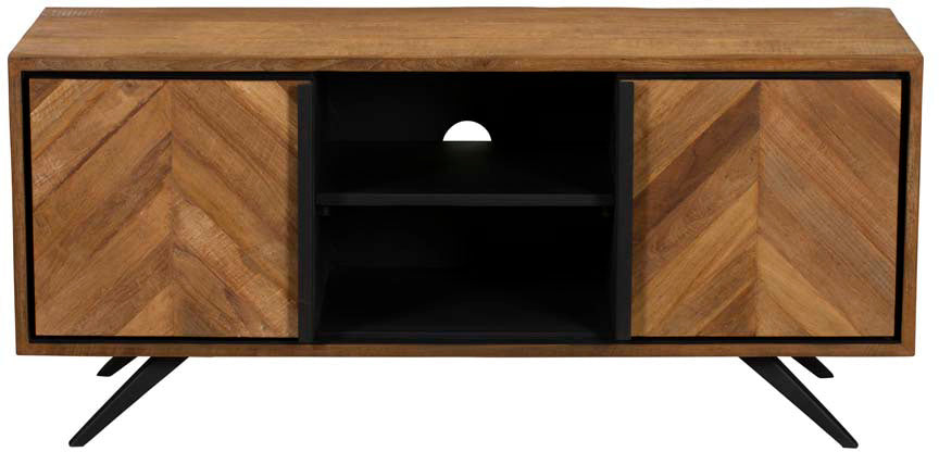 Baker Camden TV Unit features an oak wood frame with chevron pattern cupboard doors and black central media shelves with cable access, and black metal angled legs