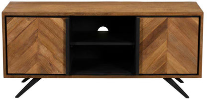 Baker Camden TV Unit features an oak wood frame with chevron pattern cupboard doors and black central media shelves with cable access, and black metal angled legs