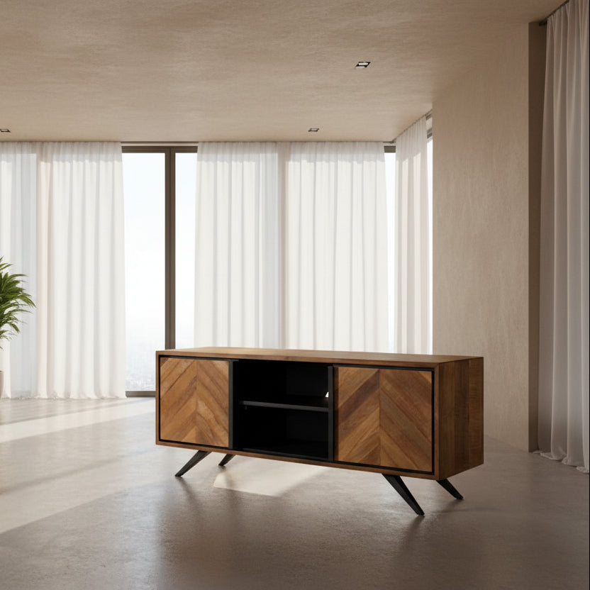 Baker Camden TV Unit features an oak wood frame with chevron patterned side cupboard doors, 2 black central shelves and black metal legs