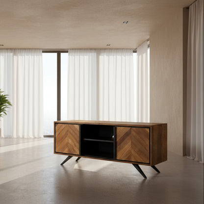 Baker Camden TV Unit features an oak wood frame with chevron patterned side cupboard doors, 2 black central shelves and black metal legs