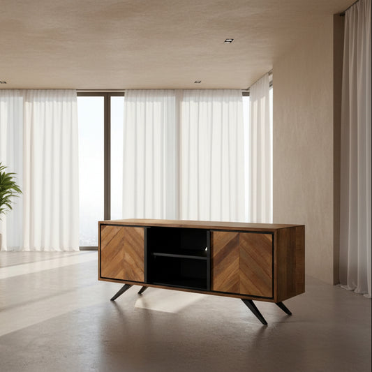 Baker Camden TV Unit features an oak wood frame with chevron patterned side cupboard doors, 2 black central shelves and black metal legs