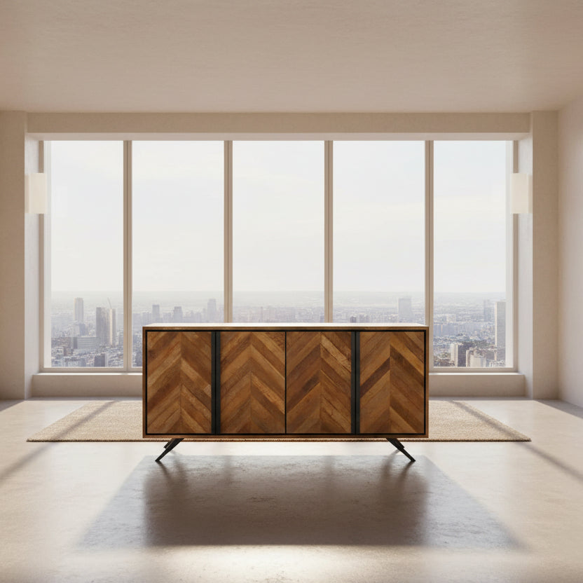 Baker Camden Wide Sideboard boasts clean lines, chevron patterns and industrial styling for a contemporary feel, perfect for modern living