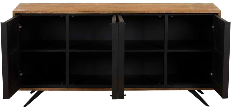Baker Camden Wide Oak Wood Sideboard features 4 cupboard doors with black interior shelving, black metal handles and legs