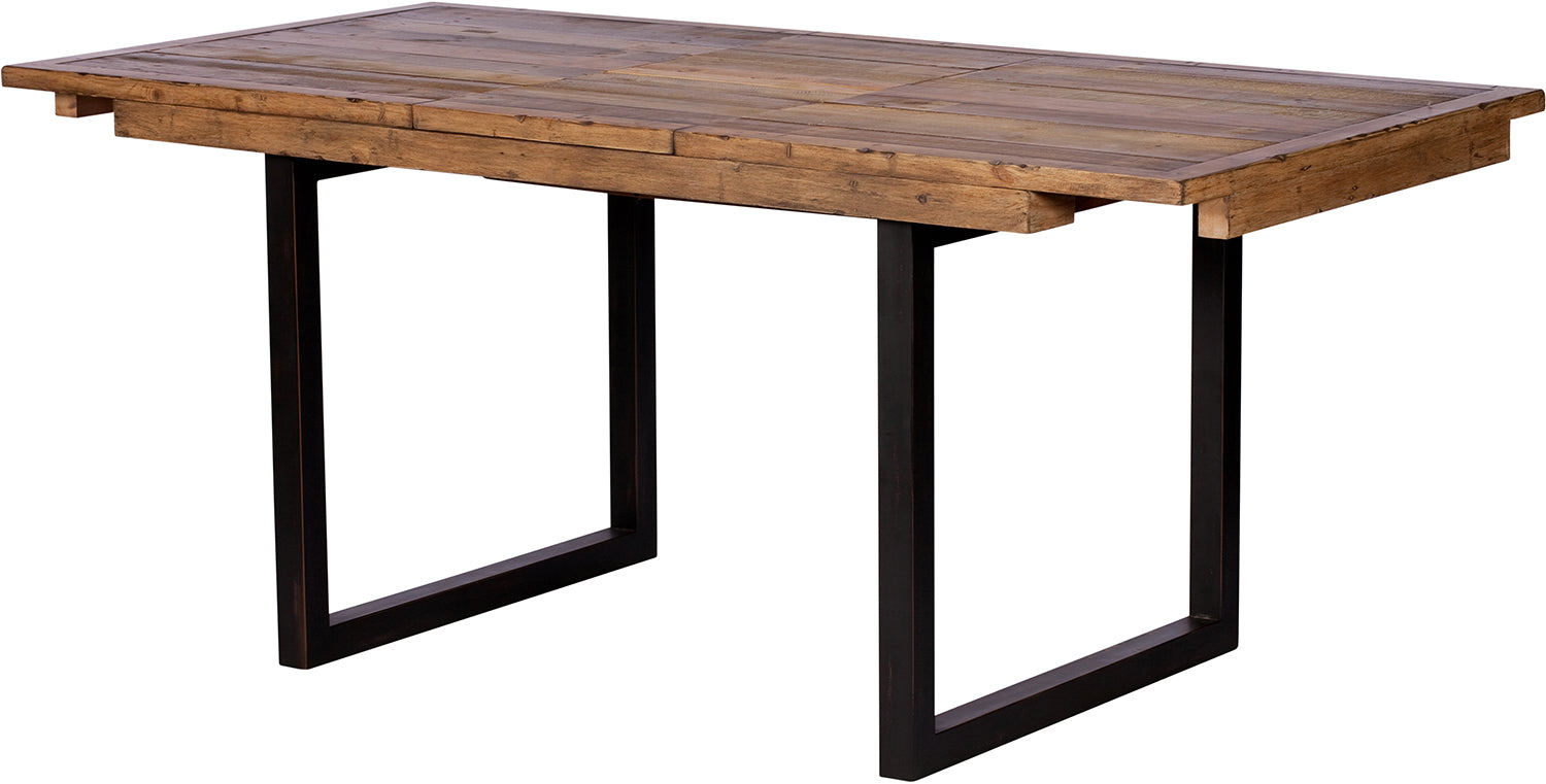 Baker Nixon 140cm-180cm Extending Dining Table can seat 4-8 people when extending and features a reclaimed wood plank table top with black metal U shaped legs