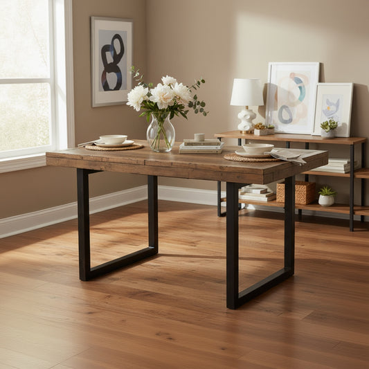 Baker Nixon 140cm-180cm Extending Dining Table features natural reclaimed timber and powder coated anthracite aluminium legs. The table extends from 140cm-180cm using the extension leaf that tucks away neatly when not in use 